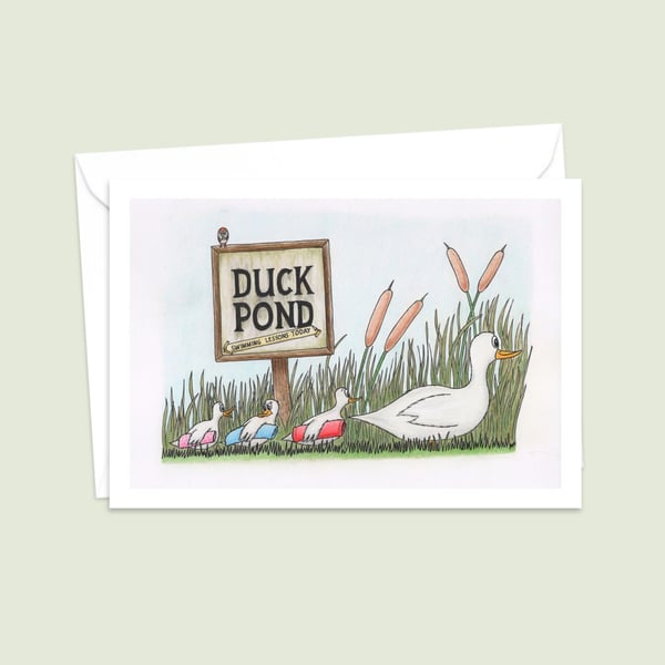 Cute Ducks Greeting Card: Pencil Illustration of a Duck Family Outing (213)