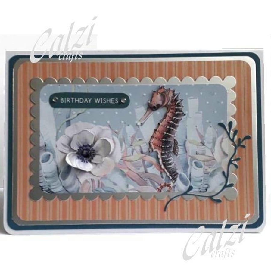 Seahorse & Anemone Birthday Card (Orange)