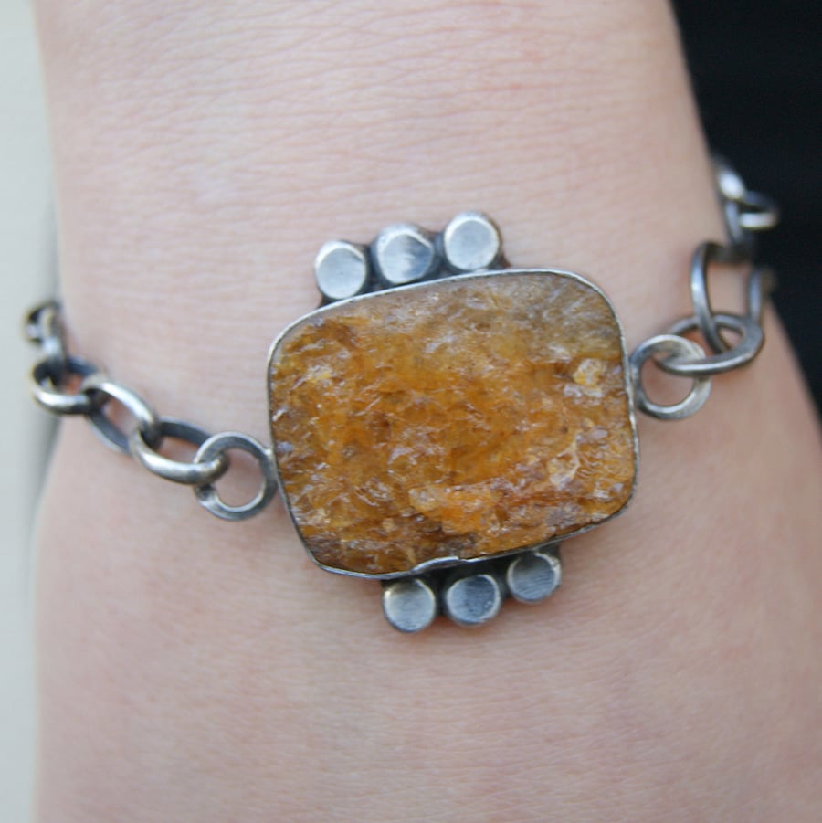 Druzy Citrine Bracelet, Silver Chain Bracelet, November Birthstone