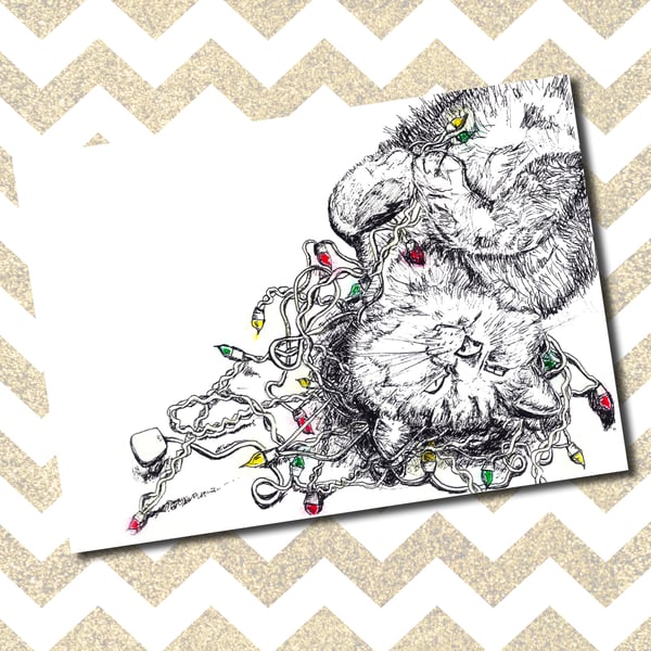 Cute Cat with lights A6 Christmas Card-Print from Original Drawing