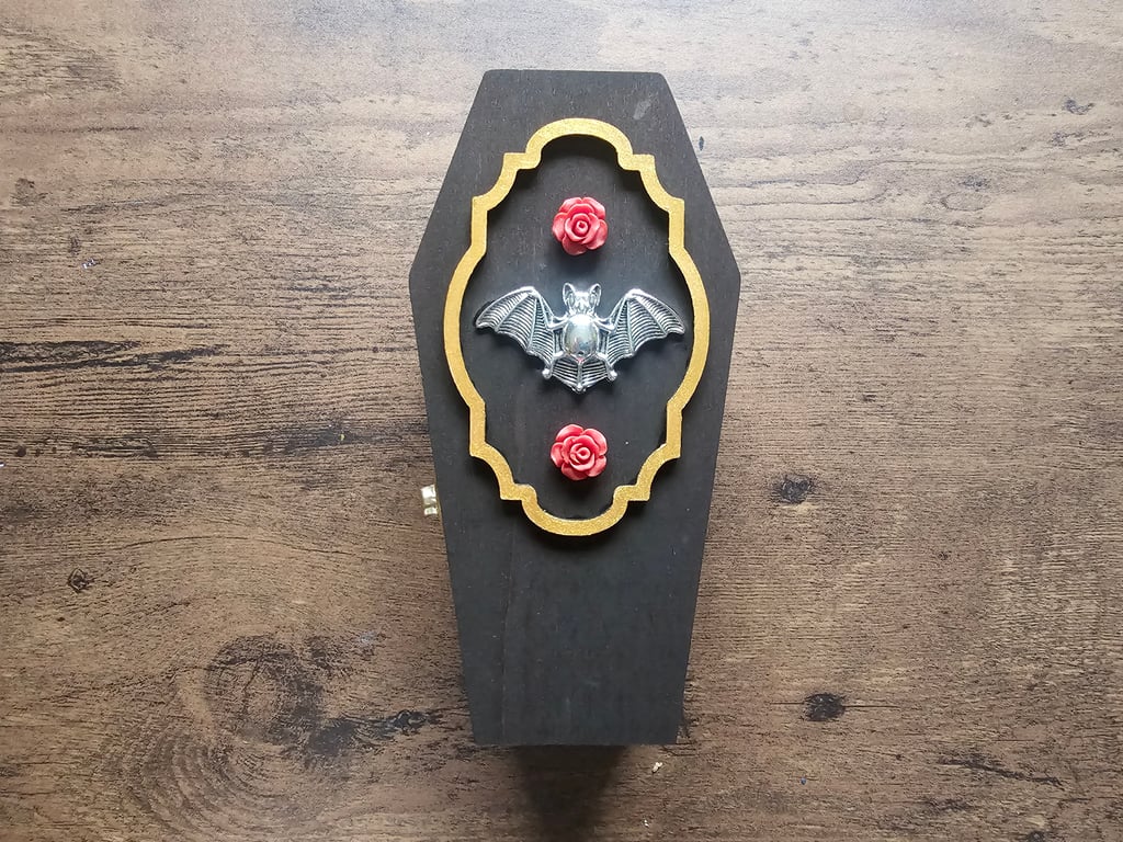Vampire Bat and Roses Coffin Shaped Jewellery or Trinket Box