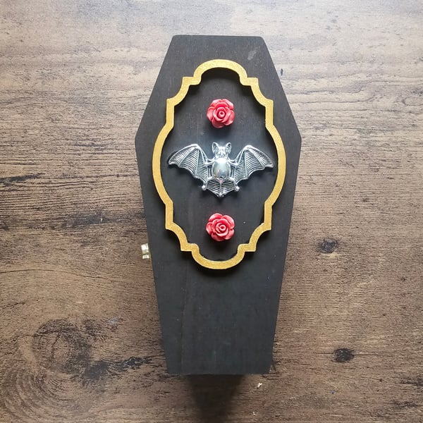 Vampire Bat and Roses Coffin Shaped Jewellery or Trinket Box