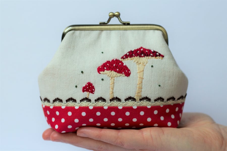 Toadstool embroidered clutch purse fly agaric and lace