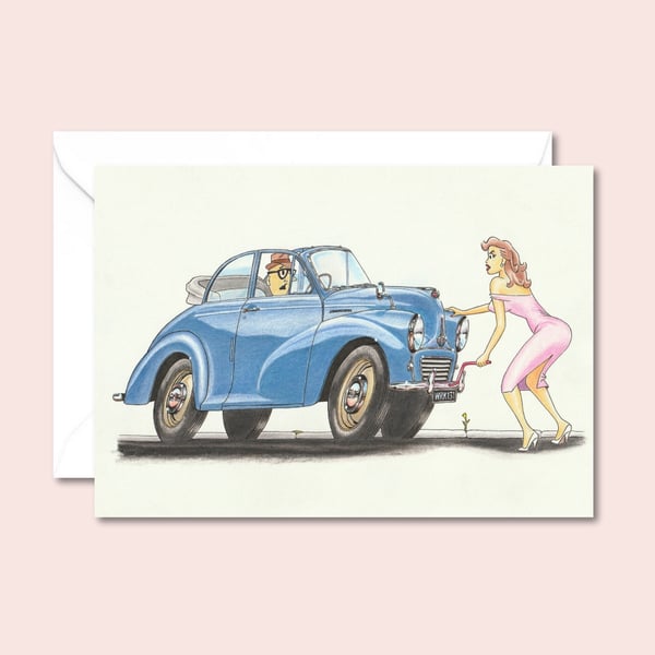 Classic Morris Minor Car Card: Hand Drawn - Nostalgic Art Humour Birthday Card