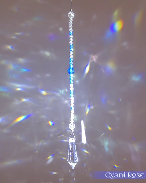 Suncatcher hanging decoration with crystal shimmer beads, blue beads & prism 