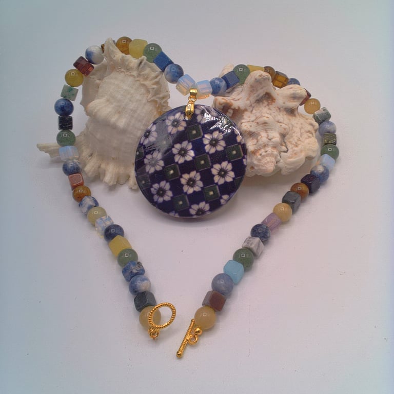 Purple Shell Floral Pendant on Mixed Gemstone Necklace, Gift for Her, Necklace