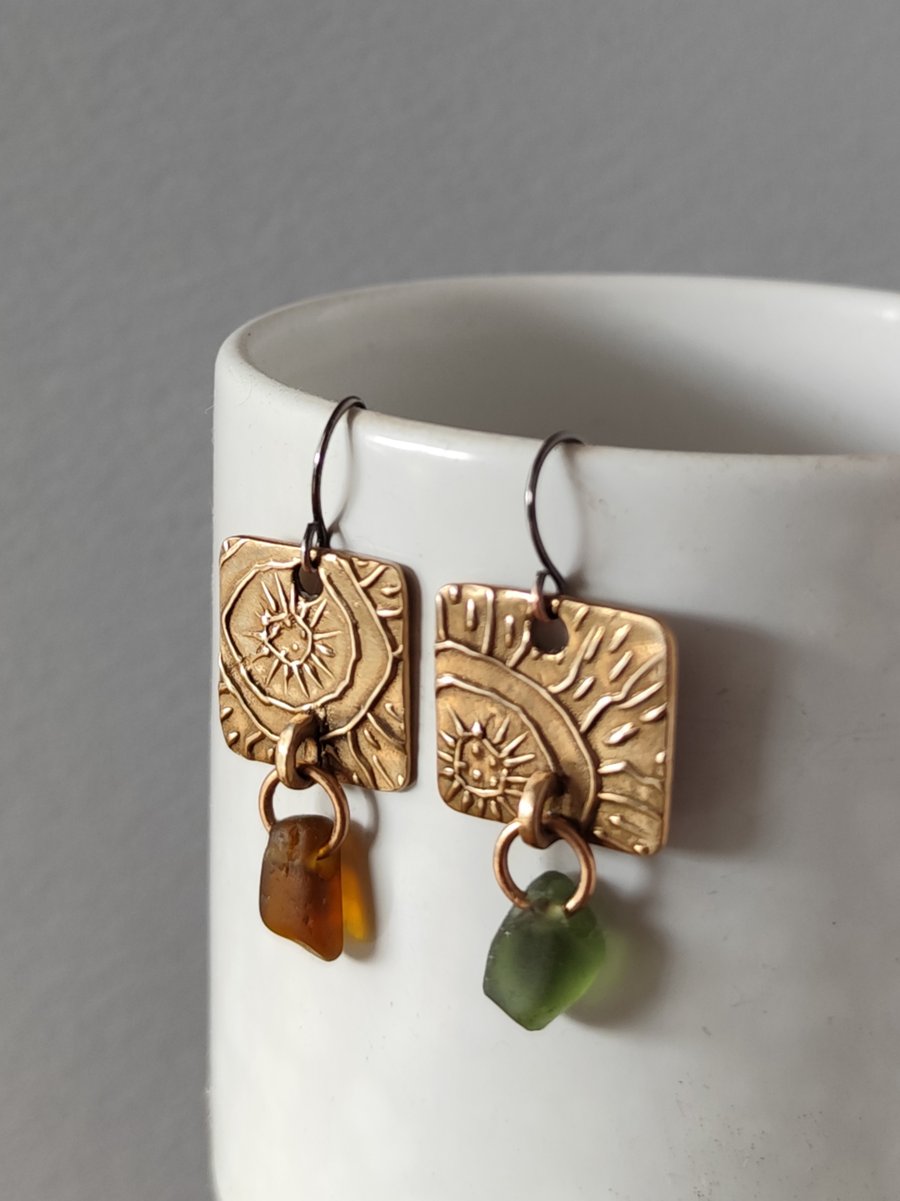 Square Bronze and seaglass drop earrings, recycled material