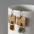Square Bronze and seaglass drop earrings, recycled material