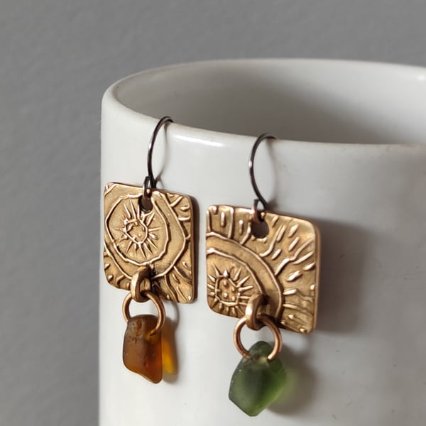 Square Bronze and seaglass drop earrings, recycled material