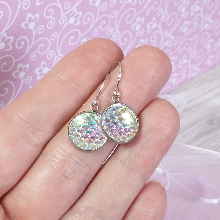 Silver iridescent mermaid earrings, shimmering drop dangles with stainless steel