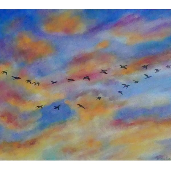 Wild Geese at Sunset Original Oil Painting  Birds Flying at Dusk Canvas 