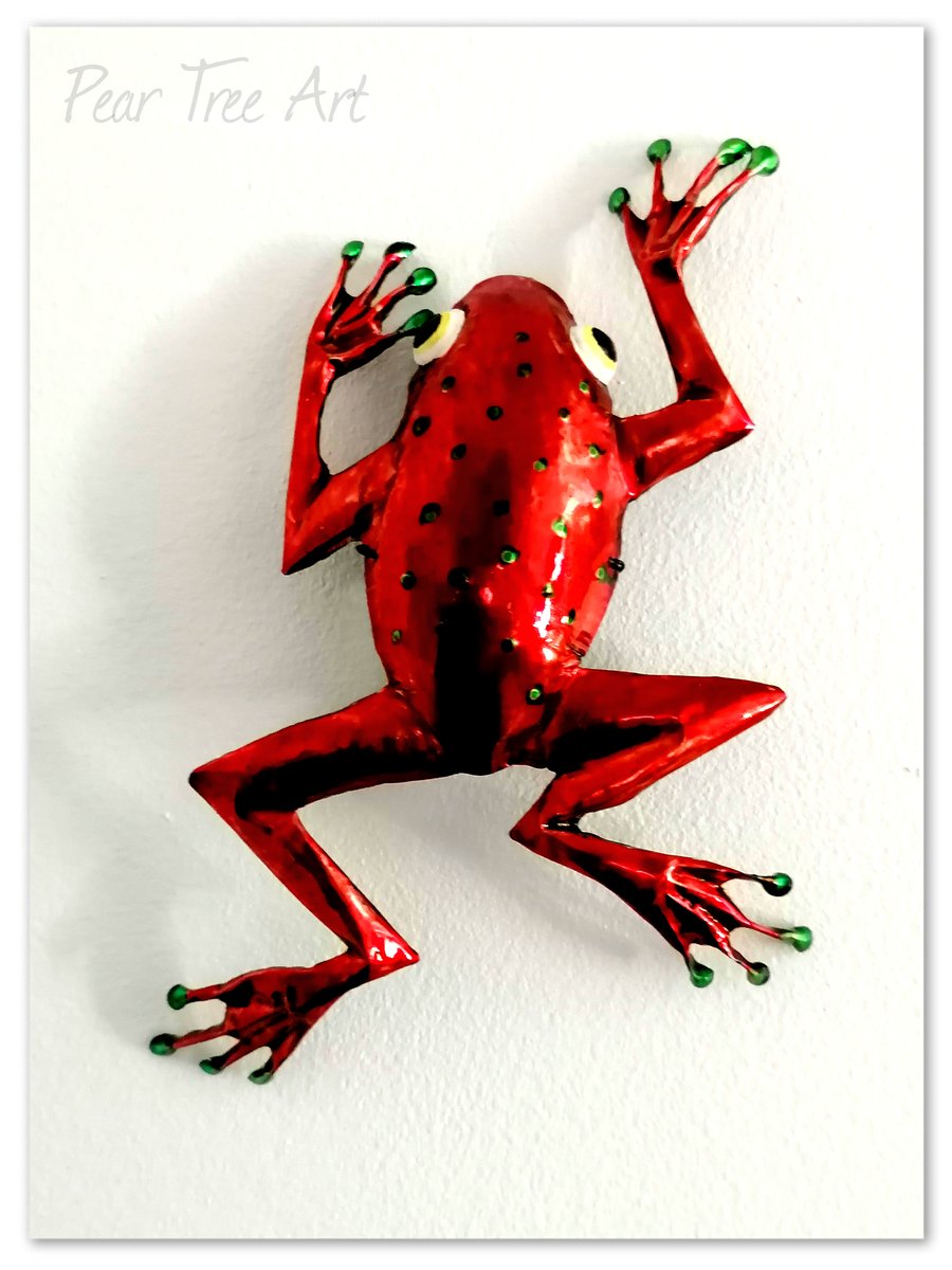Handmade Metal Frog with red and green spots Wall Art. Made from a coffee 