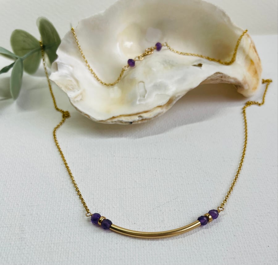 Amethyst and gold filled tube necklace