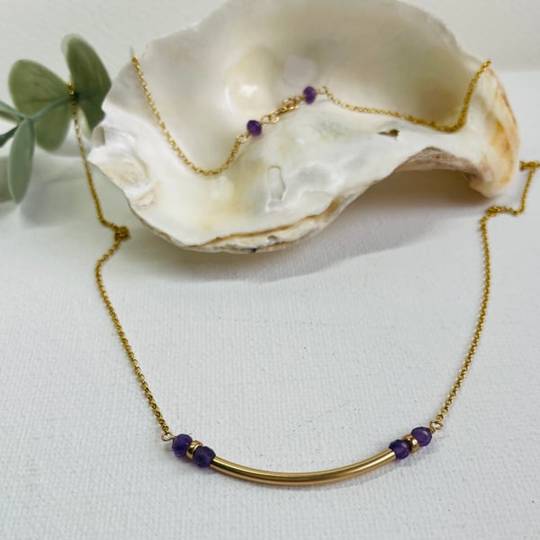 Amethyst and gold filled tube necklace