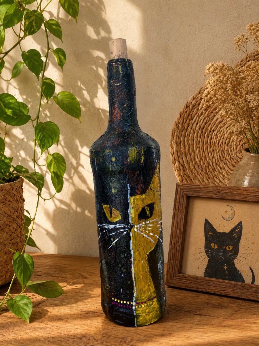 Hand Painted Cat Bottle Vase Black & Gold Cat Art Decor Upcycled Cat Lover Gift
