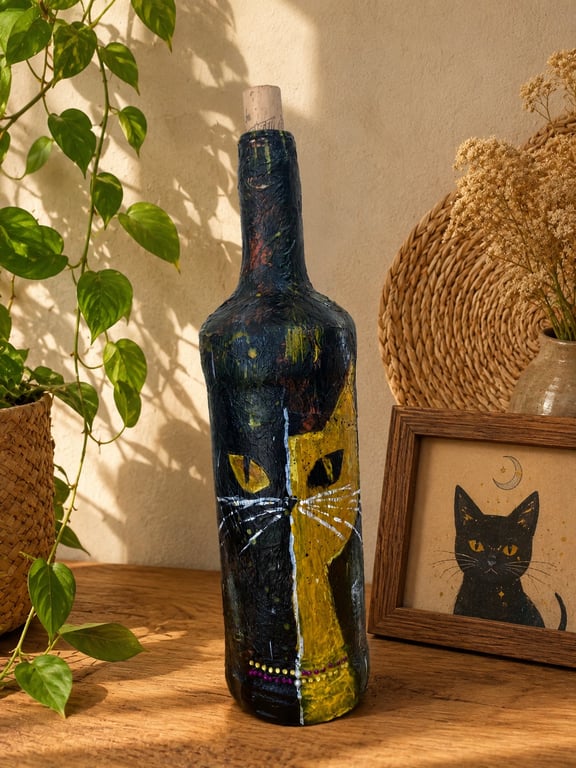 Hand Painted Cat Bottle Vase Black & Gold Cat Art Decor Upcycled Cat Lover Gift