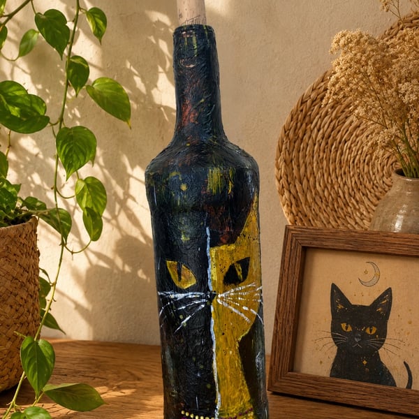 Hand Painted Cat Bottle Vase Black & Gold Cat Art Decor Upcycled Cat Lover Gift
