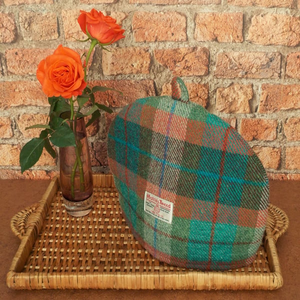 Harris Tweed tea cosy brick red turquoise green fabric teapot cover