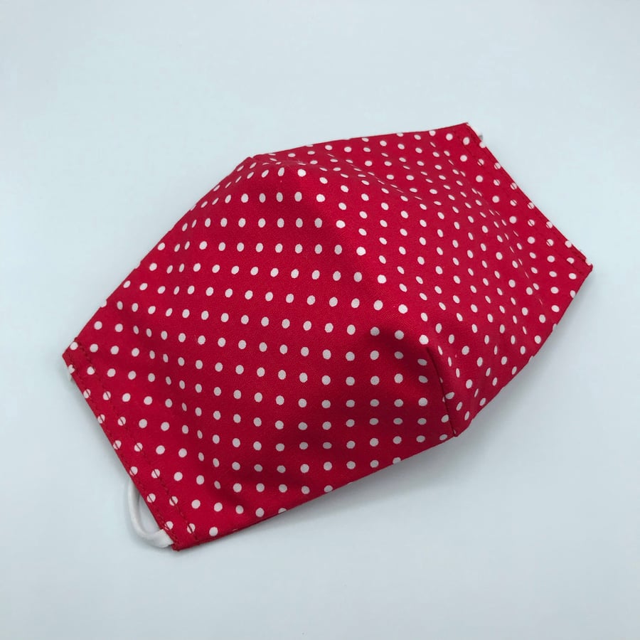 Red Polka Dot Face Mask. Triple layered. 100 % Cotton Fabric.