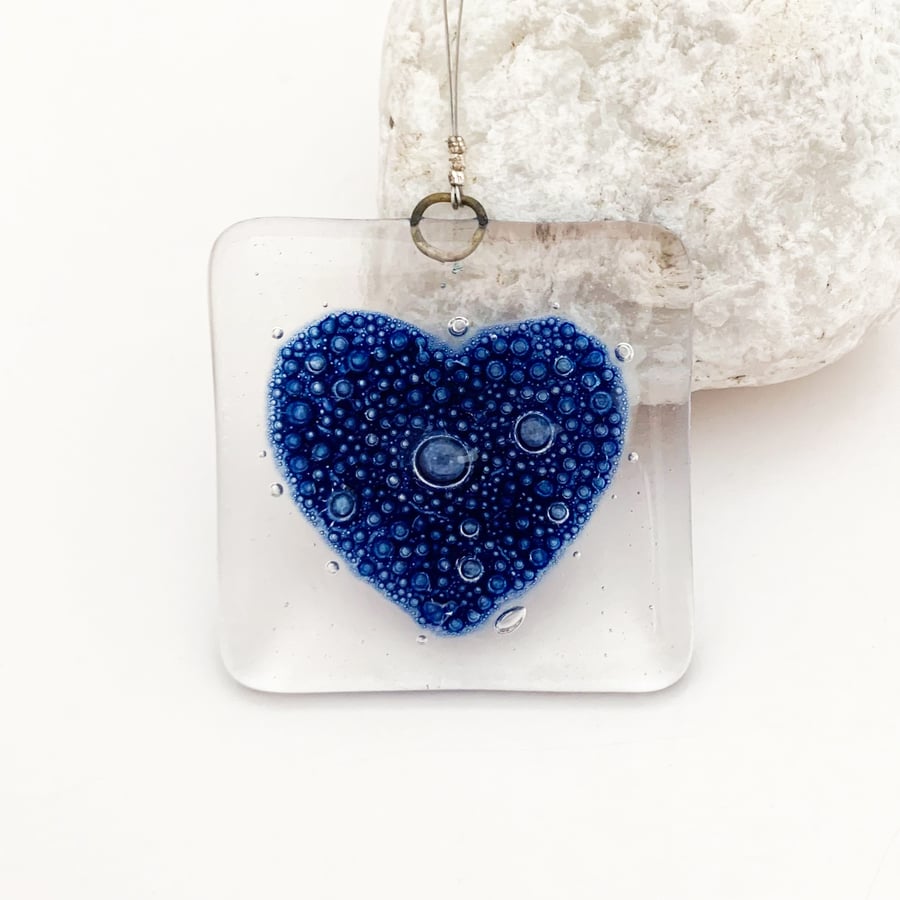 Seconds Sale - Fused Glass Bubbly Blue Heart Hanging - Handmade Glass Suncatcher