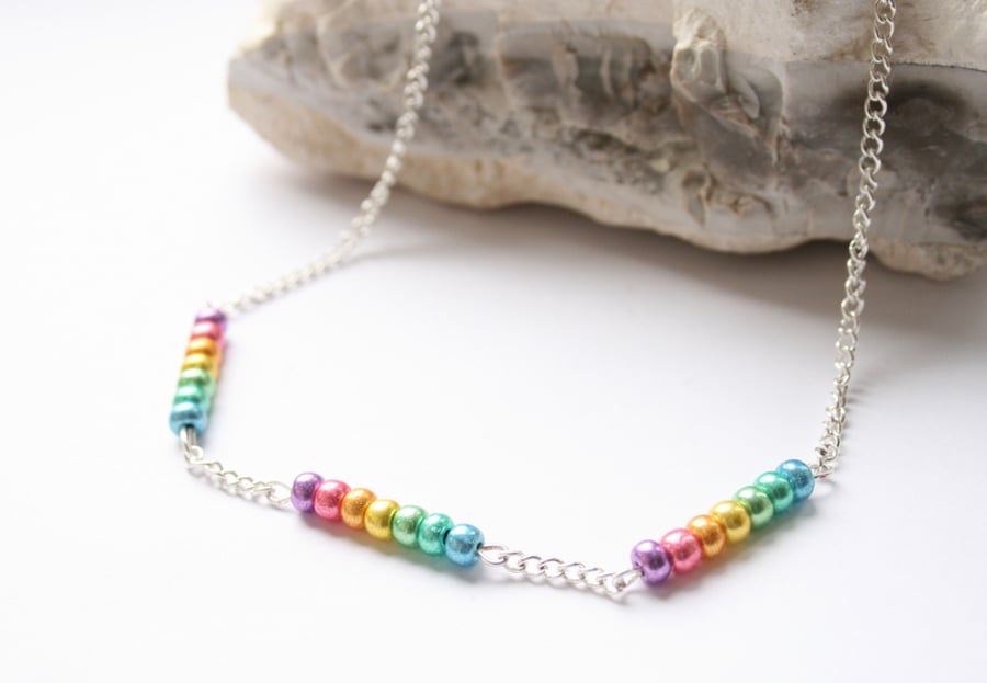 Rainbow beaded silver necklace.