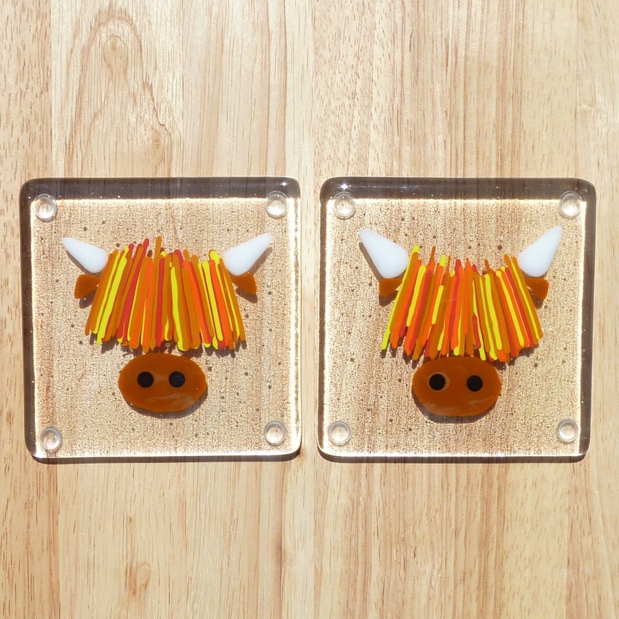 Set of 2 Highland Cow glass coasters