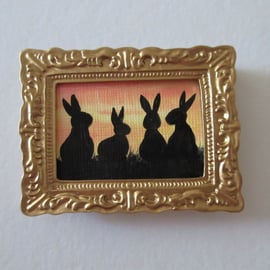 Doll House Miniature Original Painting Framed with Bunny Silhouette Rabbit 