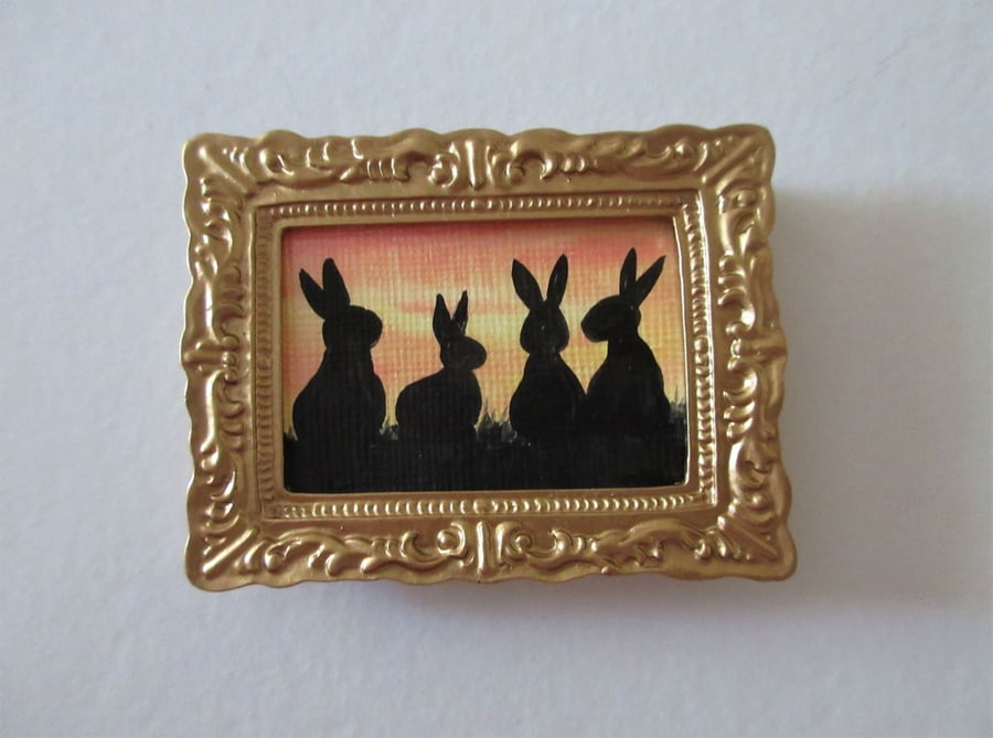 Doll House Miniature Original Painting Framed with Bunny Silhouette Rabbit 