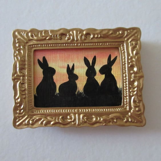 Doll House Miniature Original Painting Framed with Bunny Silhouette Rabbit 