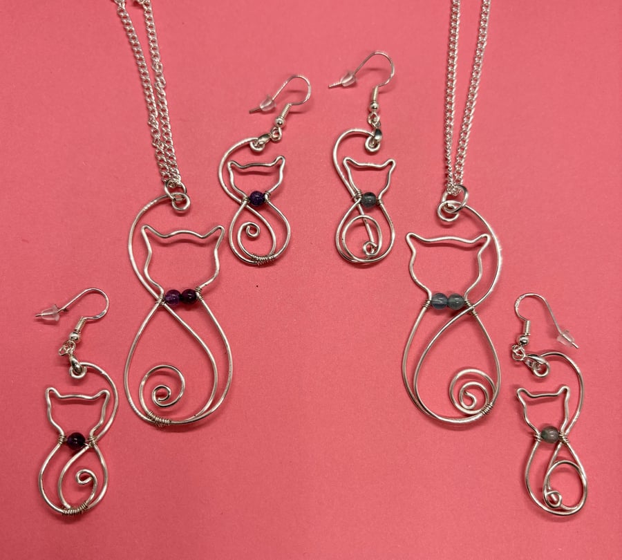 Silver wire wrapped Cats pendant and earring set with gem stones