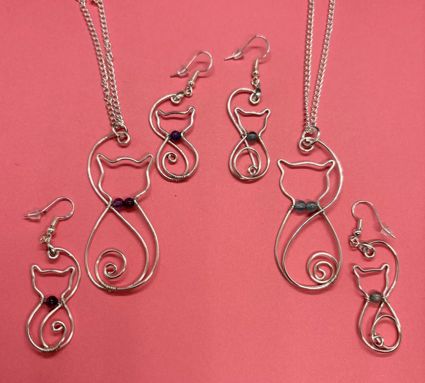 Silver wire wrapped Cats pendant and earring set with gem stones