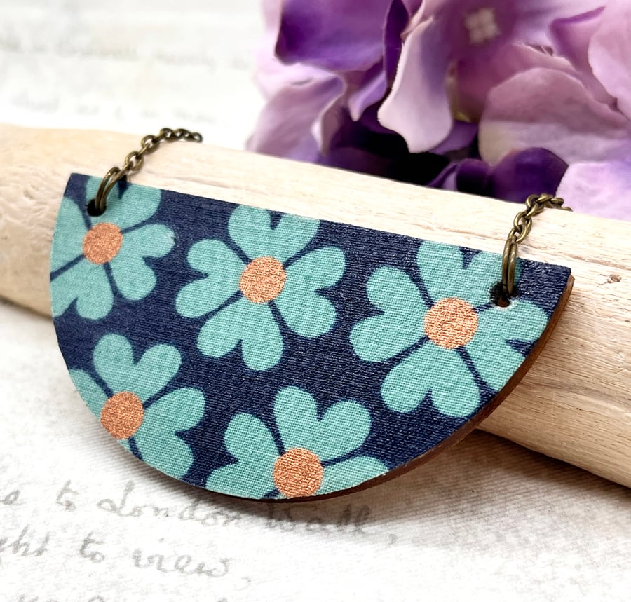 Teal and navy Daisy statement necklace fabric and wood