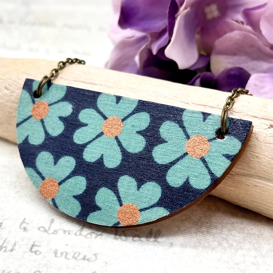 Teal and navy Daisy statement necklace fabric and wood