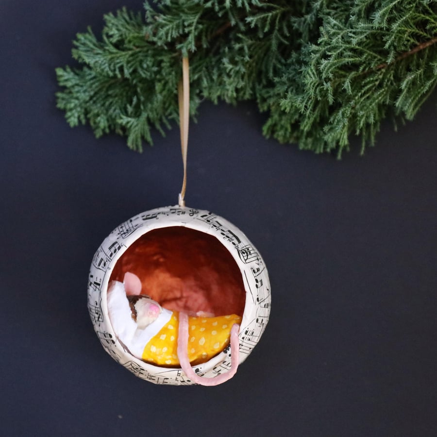 Sleepy Mouse Christmas Tree Bauble (yellow)