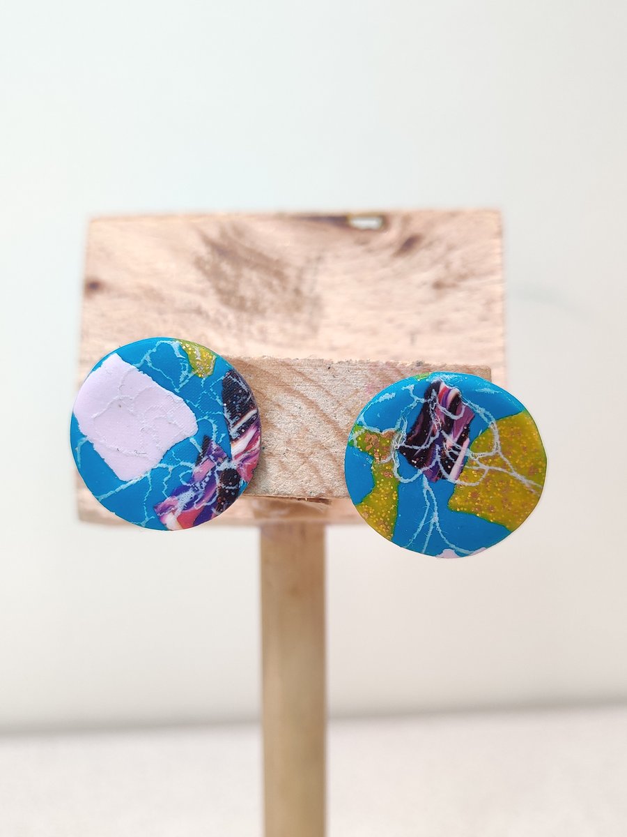 Artsy patchwork stud polymer clay earrings