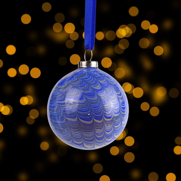 Blue and gold nonpareil marbled 5cm round ceramic Christmas bauble 