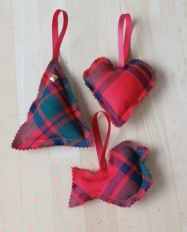 Mackintosh tweed Christmas Decorations set of three red, green and navy tweed 