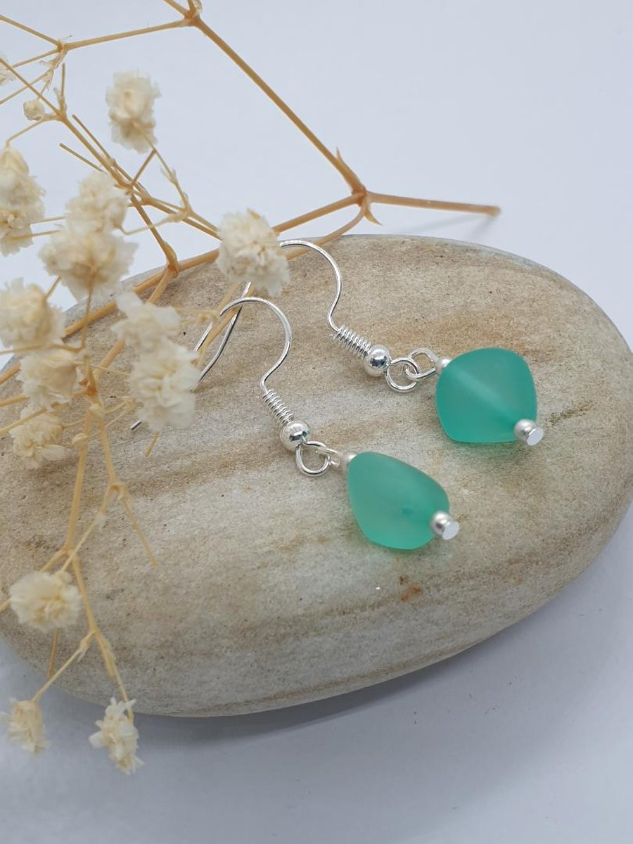 silver plated  earrings with faux sea glass beads sea foam green