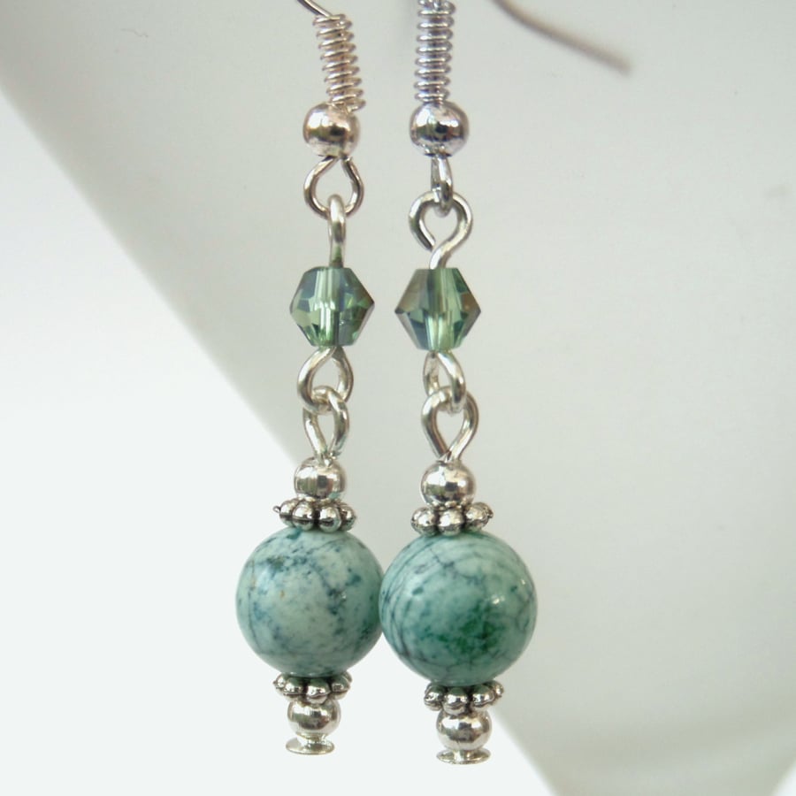 Handmade green fire agate & crystal earrings
