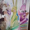 Folk art, primitive painting, hare, rabbit design, magical creatures