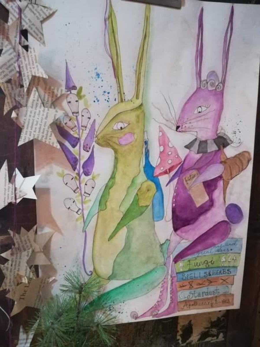 Folk art, primitive painting, hare, rabbit design, magical creatures