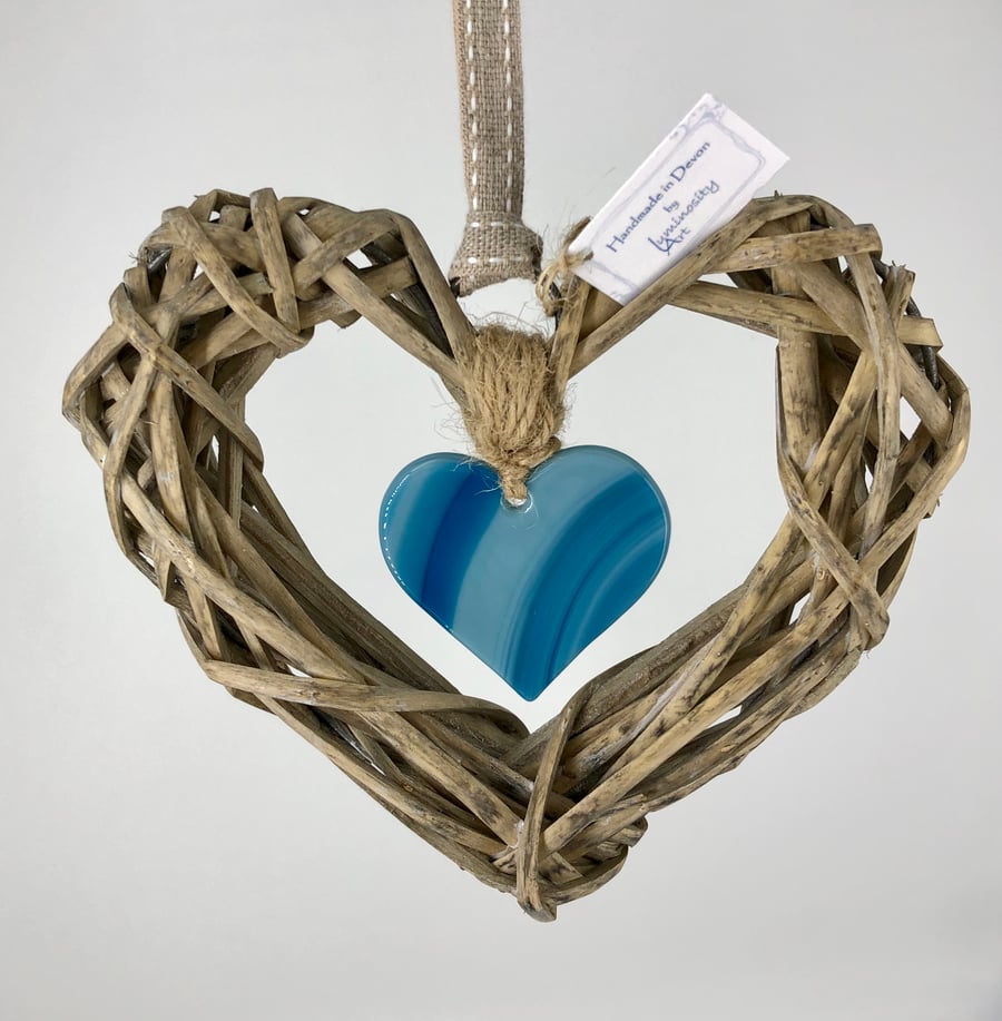 Fused Glass & Wicker Heart - Teal Art Glass with co-ordinating Ribbon