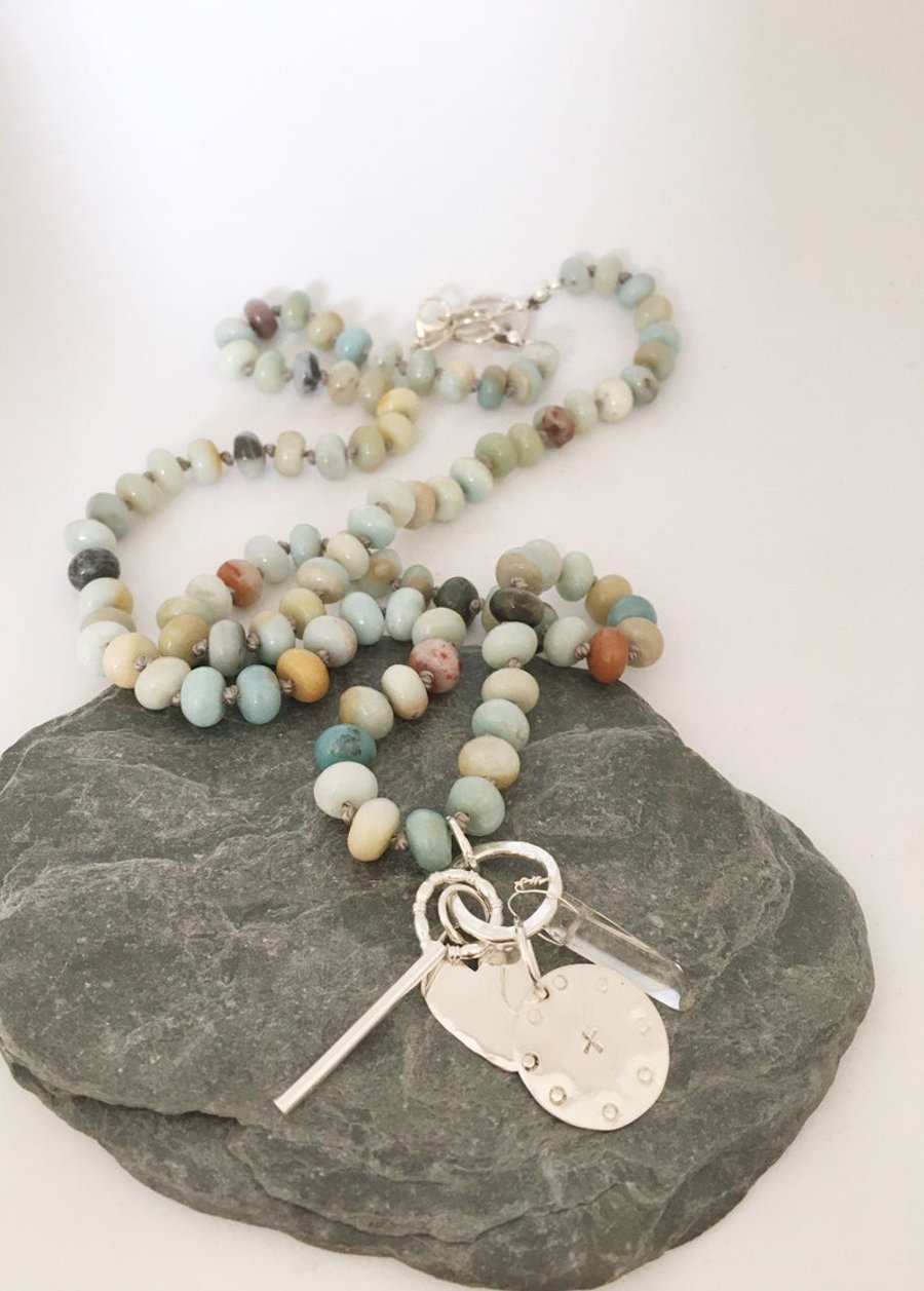 Long Hand Knotted Bead Necklace - Charm Necklace - Long Necklace
