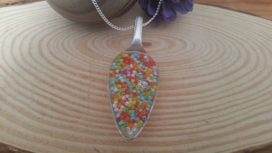 Silver Plated Upcycled Grapefruit Spoon Necklace with Seed Beads