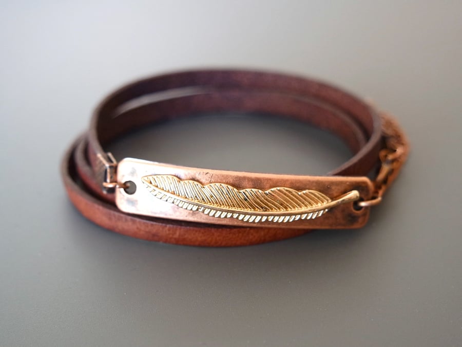 Leather wrap bracelet - feather gold copper plated rectangular