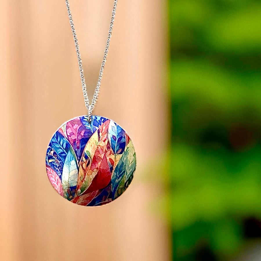 Pendant necklace colourful leaf design 32mm round disc, handmade jewellery (832)