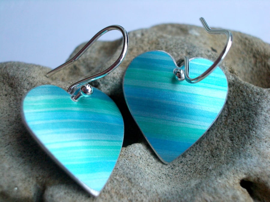Blue stripey heart earrings