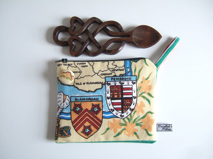 Welsh vintage tea towel purse or make up bag with map and seaside design