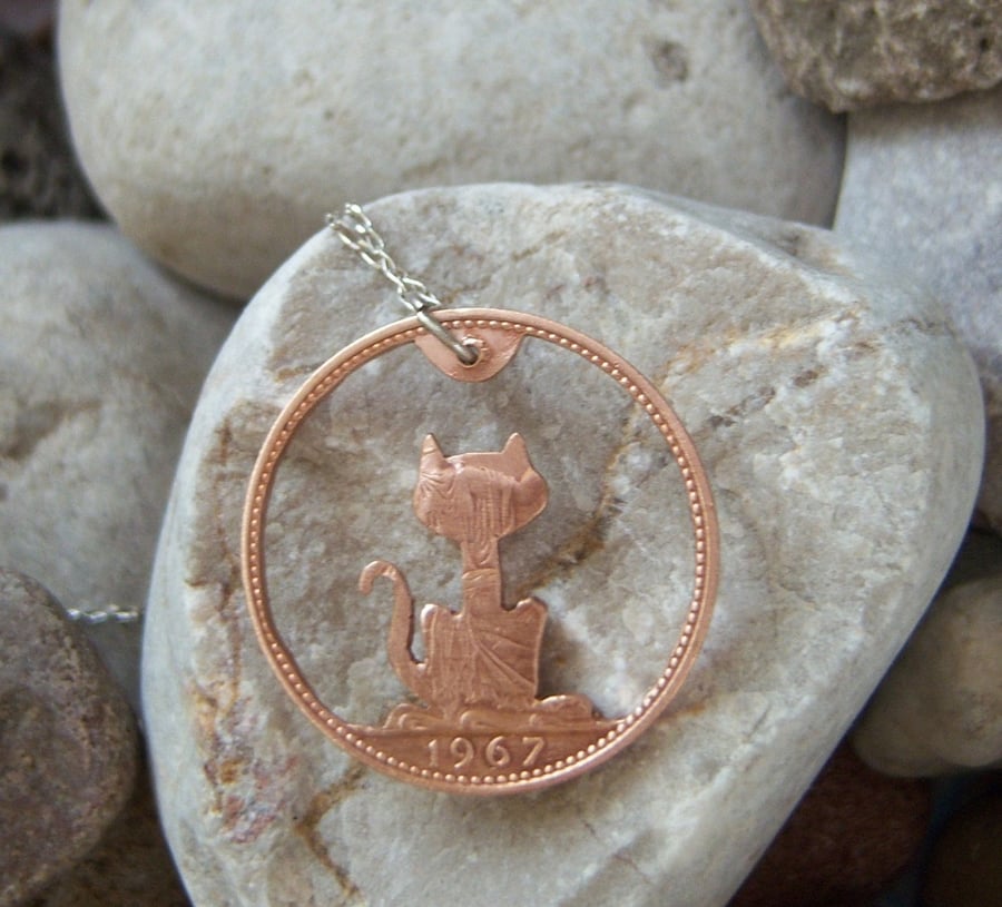 Cat pendant from recycled bronze penny coin