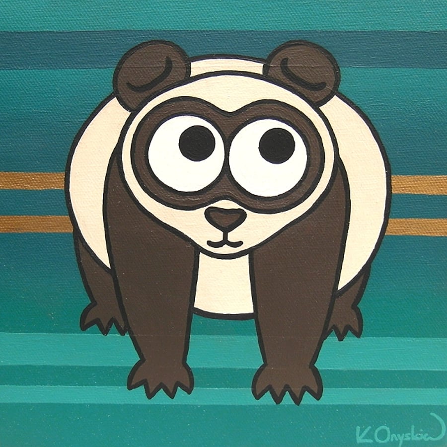 Panda Painting - cute acrylic nursery art with teal green stripes